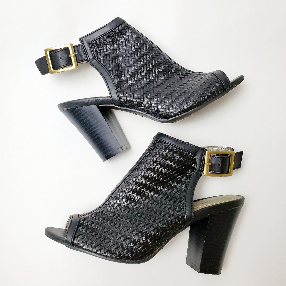 Open Toe Block Heel Booties, Black Sandals